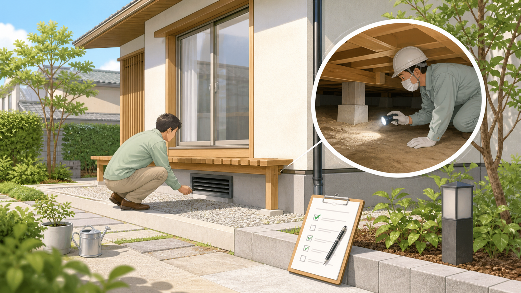 戸建ての予防点検ポイントを示すイラスト