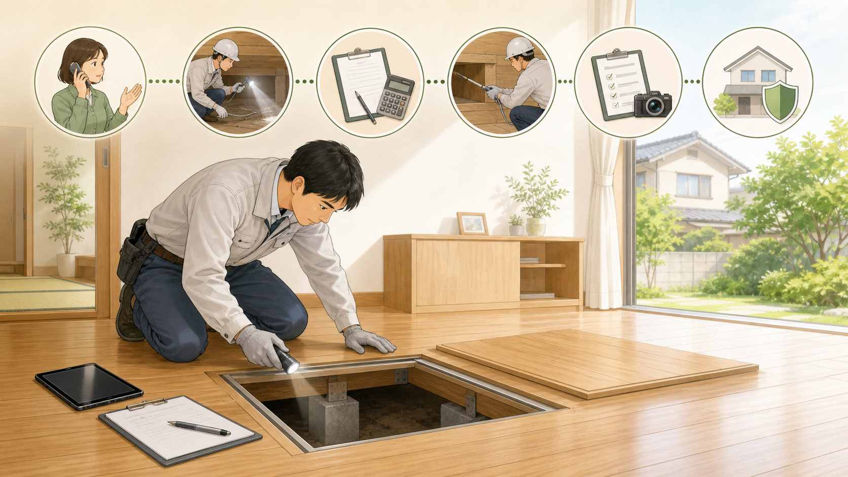 床下調査と見積の流れを示すイラスト